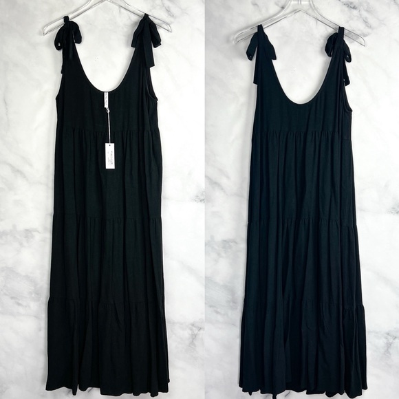NWT Rachel Pally Adelaide Linen Tie Shoulder Tiered Midi Maxi Dress Black Boho L - Picture 2 of 7